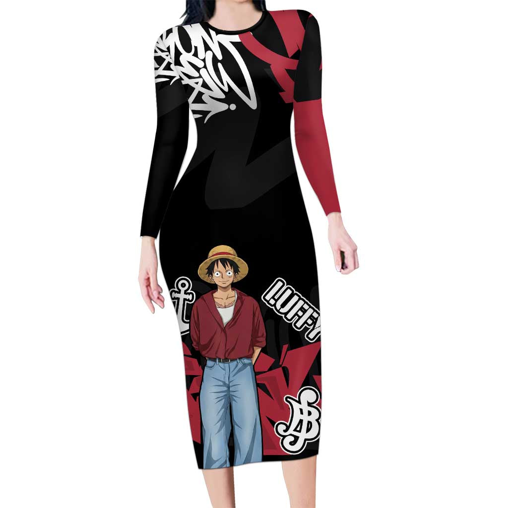 Monkey D. Luffy One Piece Long Sleeve Bodycon Dress Graffiti Street Art Anime Collage