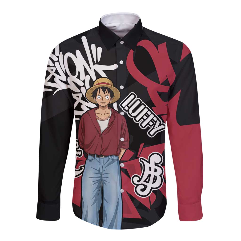 Monkey D. Luffy One Piece Long Sleeve Button Shirt Graffiti Street Art Anime Collage