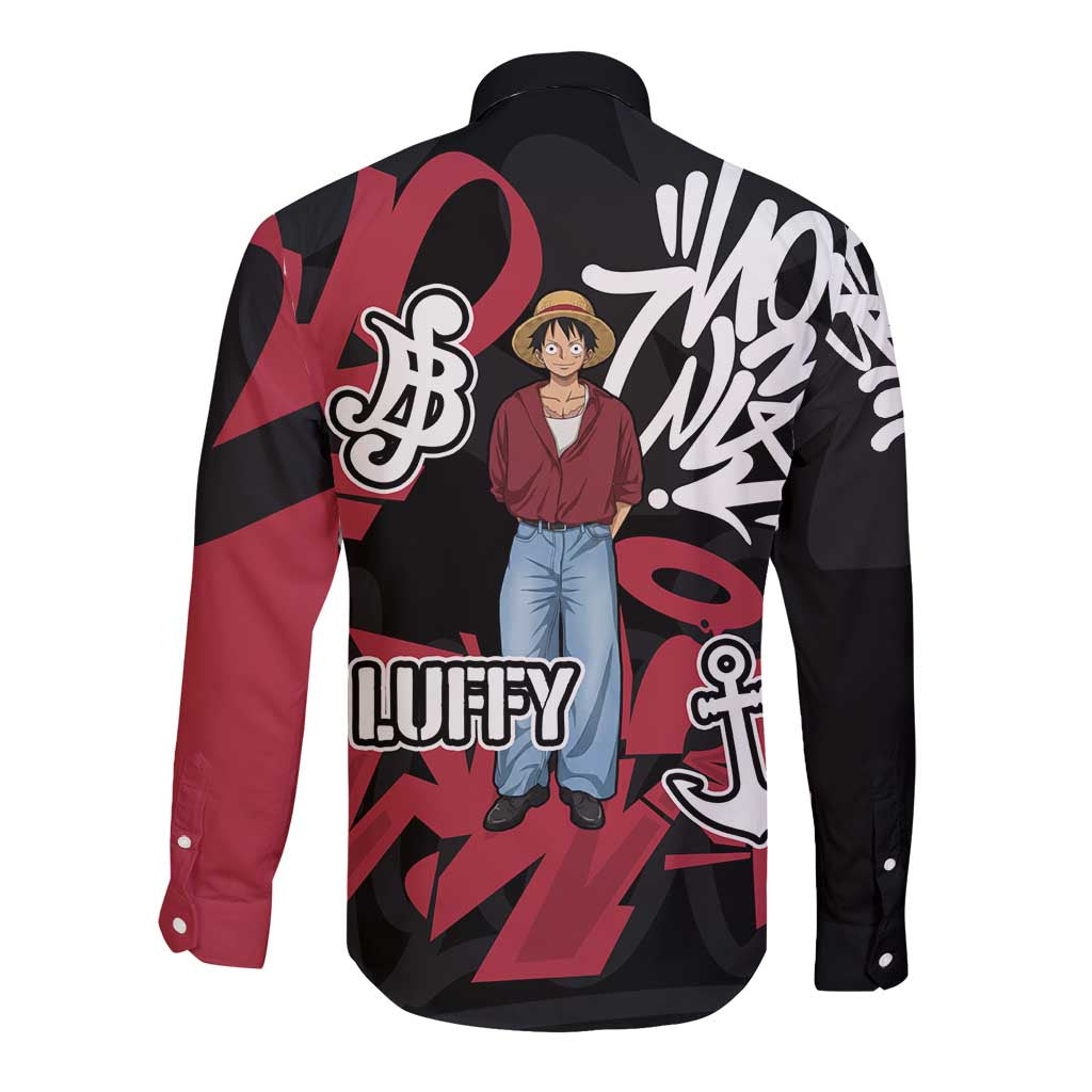 Monkey D. Luffy One Piece Long Sleeve Button Shirt Graffiti Street Art Anime Collage
