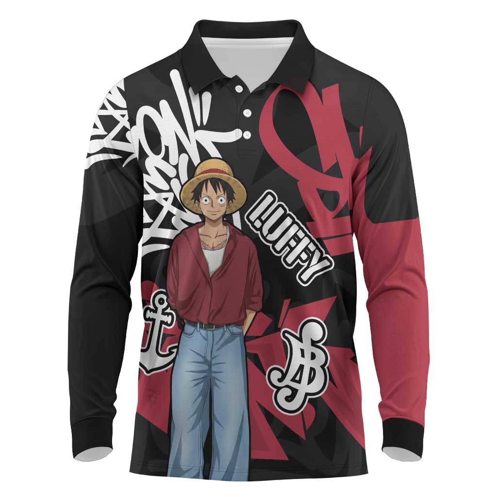 Monkey D. Luffy One Piece Long Sleeve Polo Shirt Graffiti Street Art Anime Collage