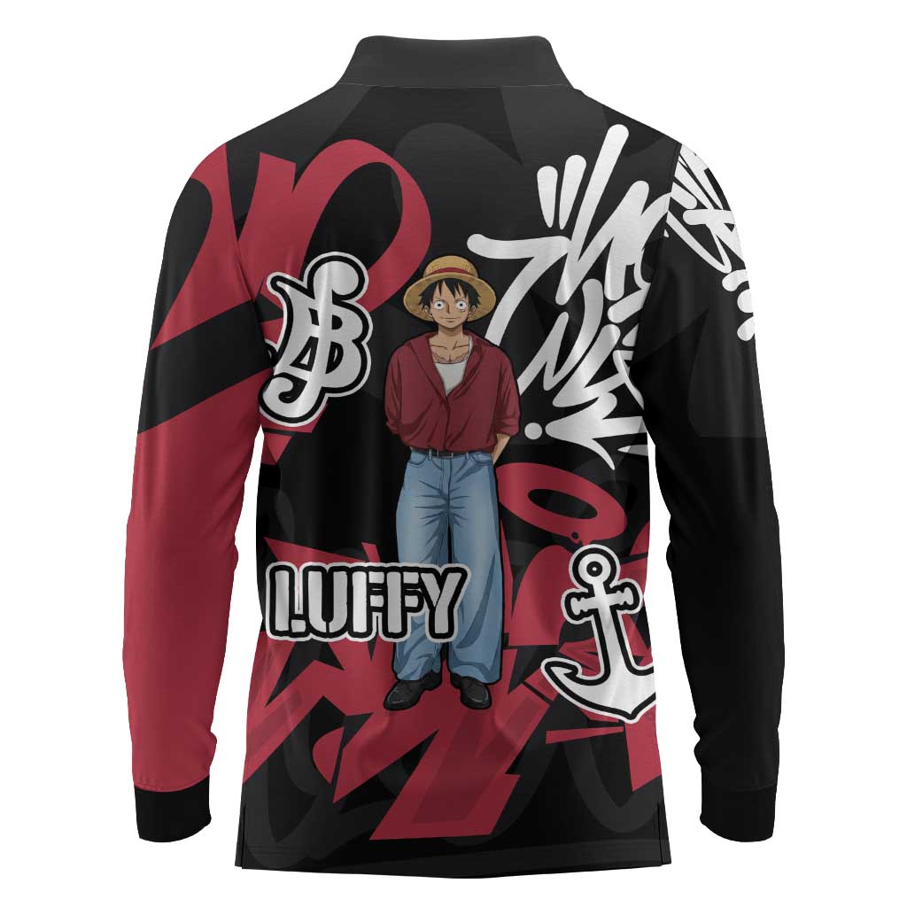 Monkey D. Luffy One Piece Long Sleeve Polo Shirt Graffiti Street Art Anime Collage