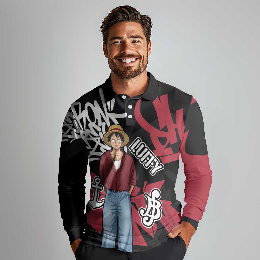 Monkey D. Luffy One Piece Long Sleeve Polo Shirt Graffiti Street Art Anime Collage