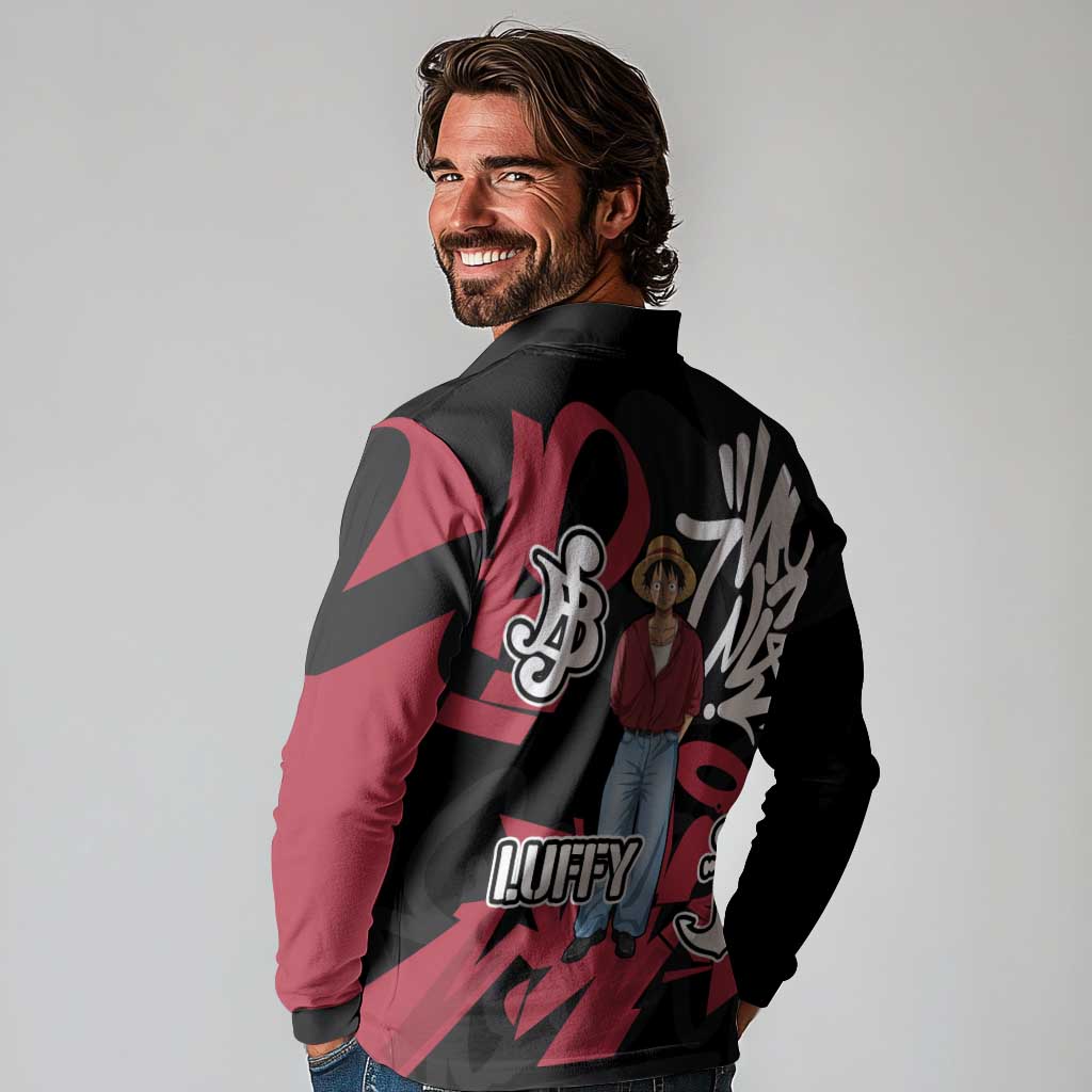 Monkey D. Luffy One Piece Long Sleeve Polo Shirt Graffiti Street Art Anime Collage