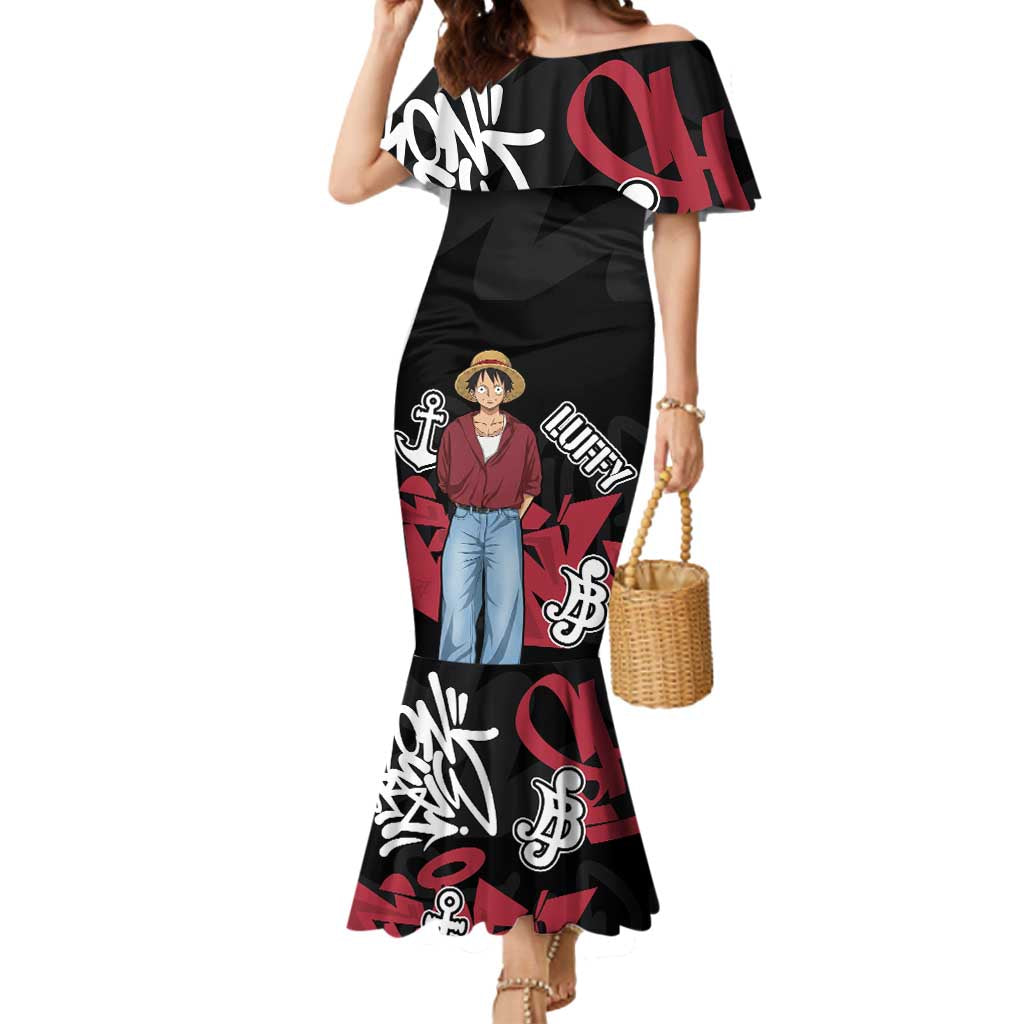 Monkey D. Luffy One Piece Mermaid Dress Graffiti Street Art Anime Collage