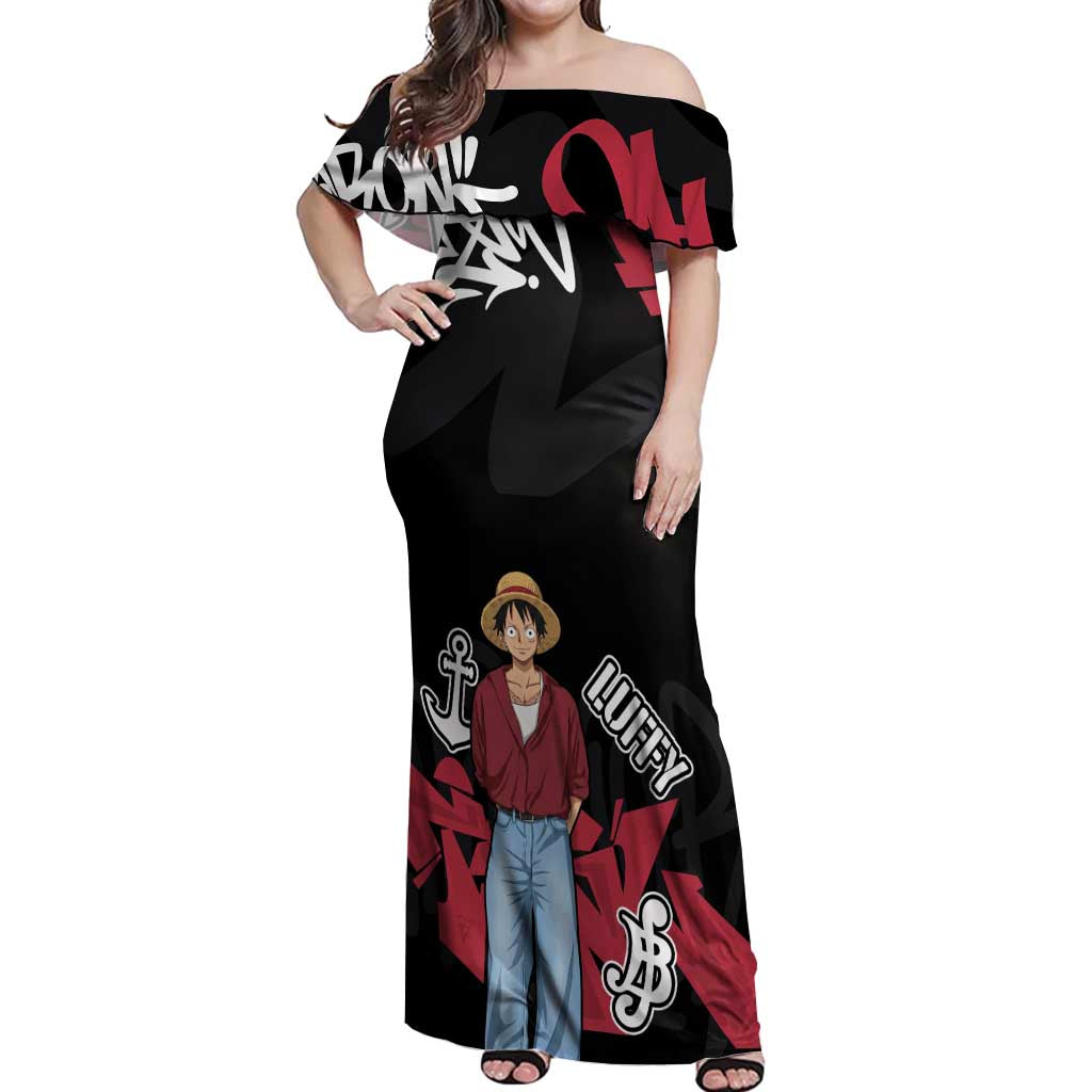 Monkey D. Luffy One Piece Off Shoulder Maxi Dress Graffiti Street Art Anime Collage