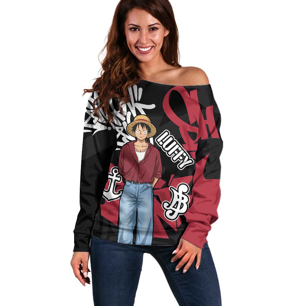 Monkey D. Luffy One Piece Off Shoulder Sweater Graffiti Street Art Anime Collage