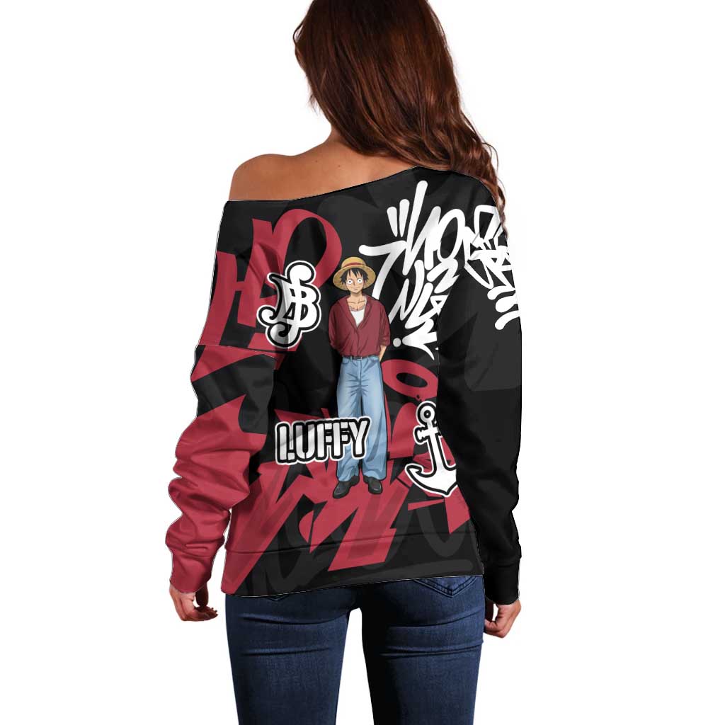 Monkey D. Luffy One Piece Off Shoulder Sweater Graffiti Street Art Anime Collage