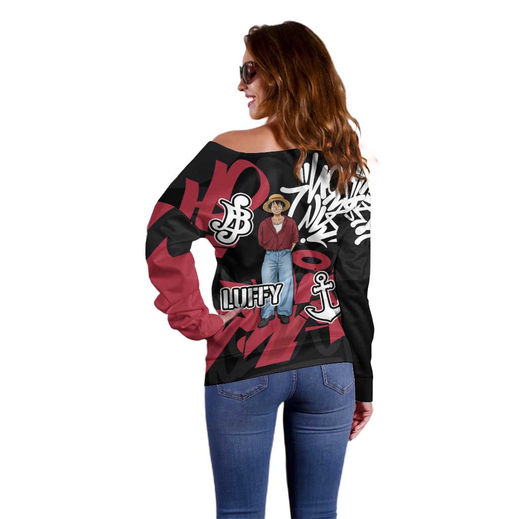 Monkey D. Luffy One Piece Off Shoulder Sweater Graffiti Street Art Anime Collage