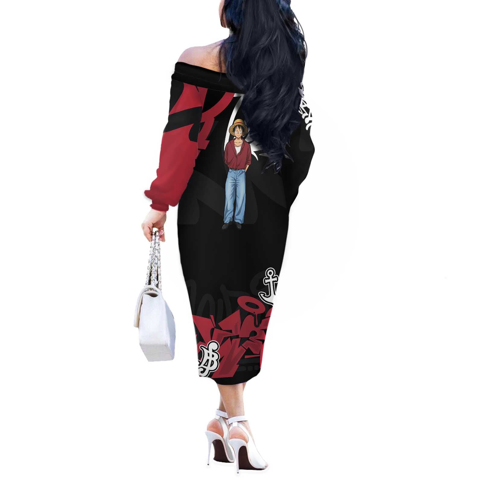 Monkey D. Luffy One Piece Off The Shoulder Long Sleeve Dress Graffiti Street Art Anime Collage