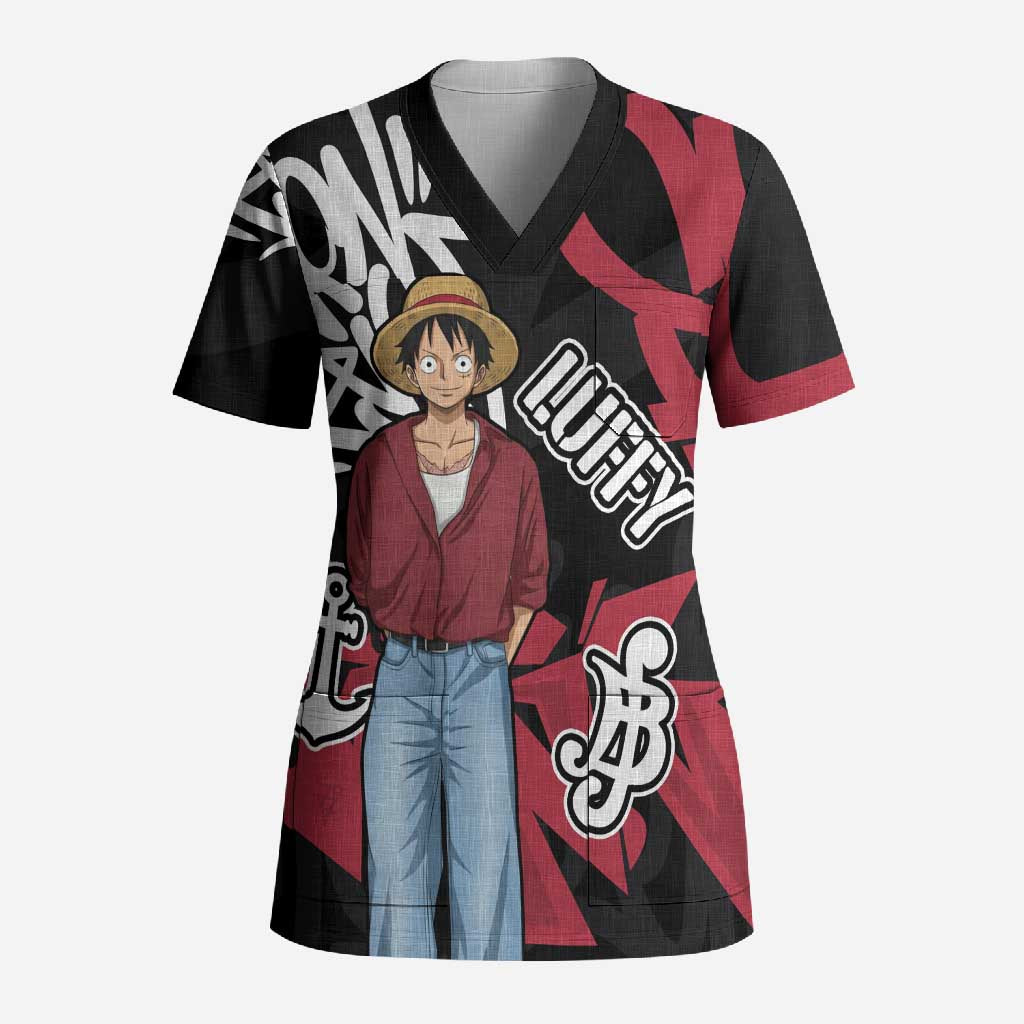Monkey D. Luffy One Piece Scrub Top Graffiti Street Art Anime Collage