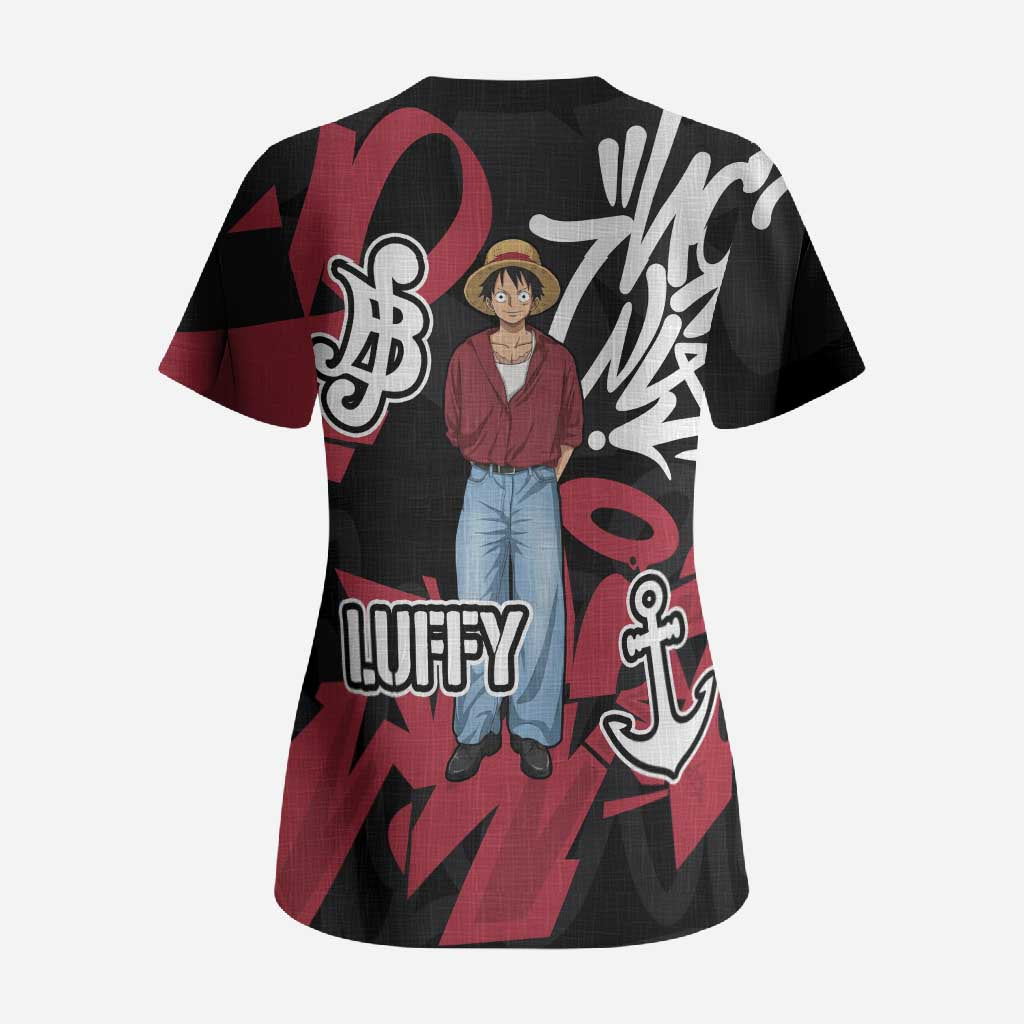 Monkey D. Luffy One Piece Scrub Top Graffiti Street Art Anime Collage