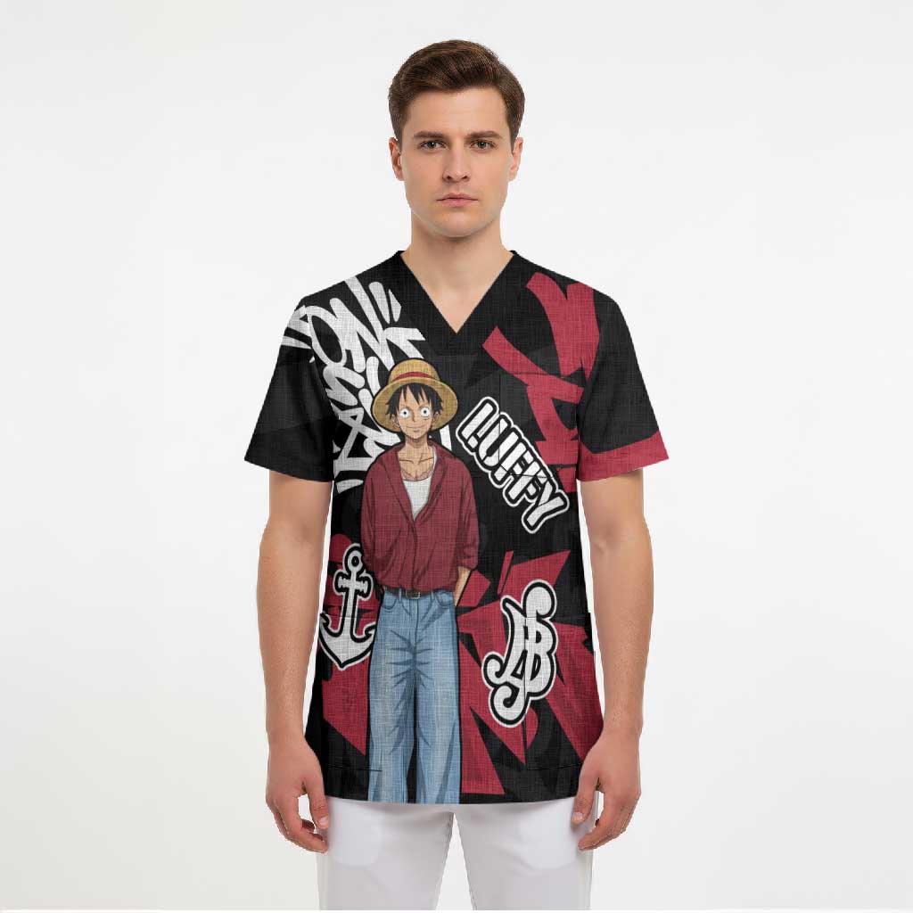Monkey D. Luffy One Piece Scrub Top Graffiti Street Art Anime Collage