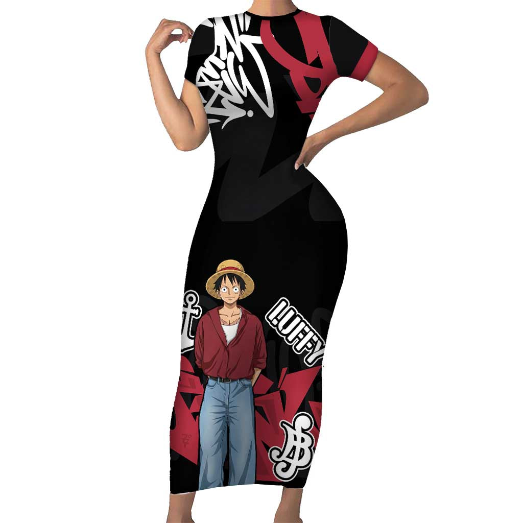 Monkey D. Luffy One Piece Short Sleeve Bodycon Dress Graffiti Street Art Anime Collage