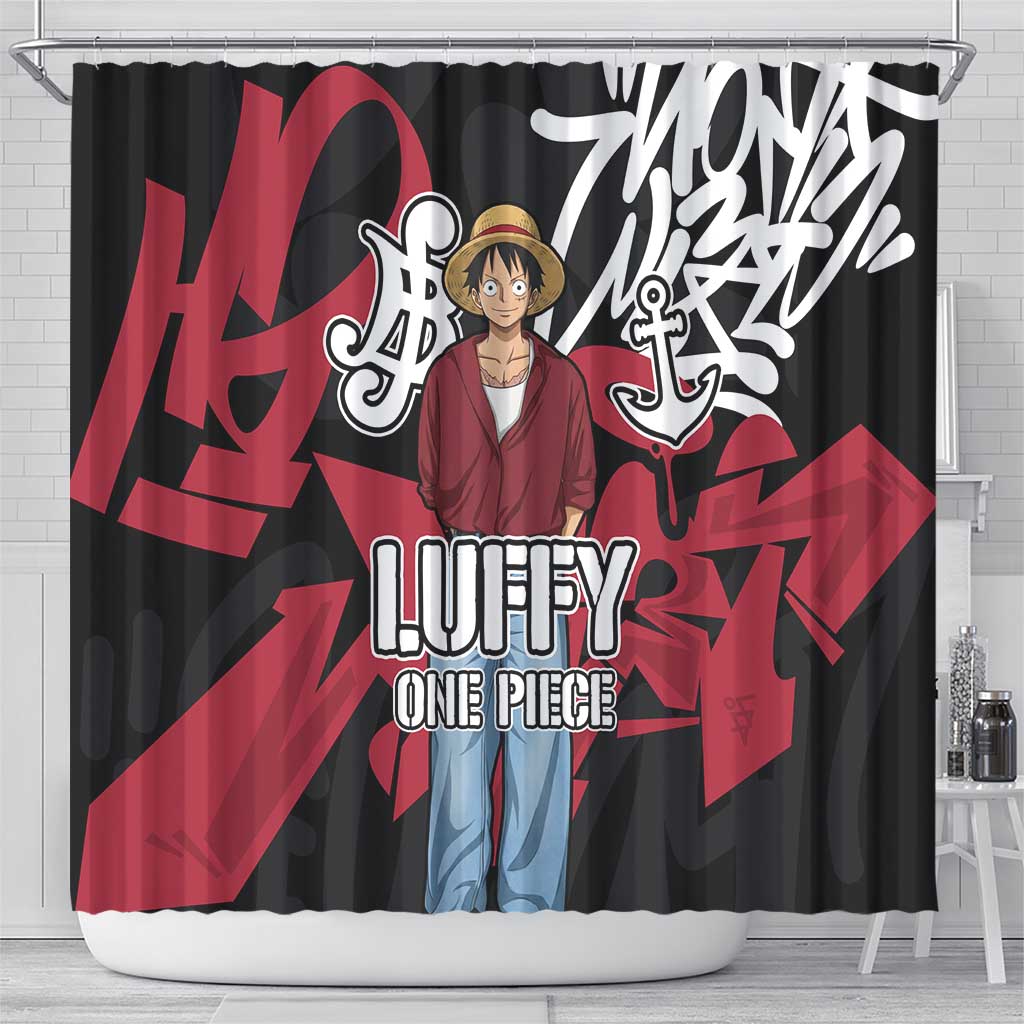 Monkey D. Luffy One Piece Shower Curtain Graffiti Street Art Anime Collage