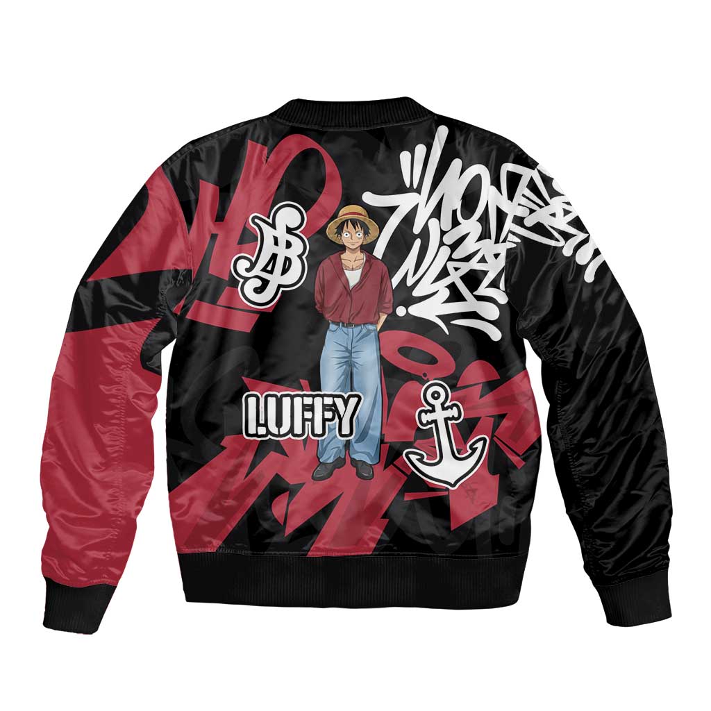 Monkey D. Luffy One Piece Sleeve Zip Bomber Jacket Graffiti Street Art Anime Collage
