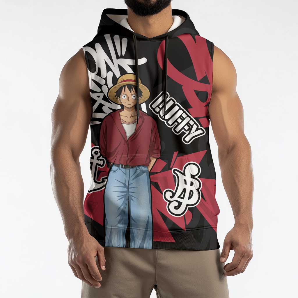 Monkey D. Luffy One Piece Sleeveless Hoodie Graffiti Street Art Anime Collage