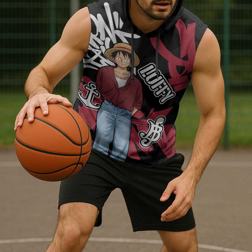 Monkey D. Luffy One Piece Sleeveless Hoodie Graffiti Street Art Anime Collage