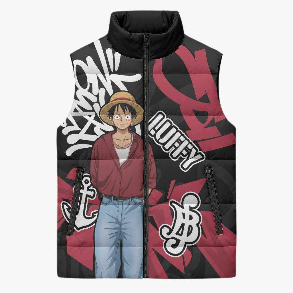 Monkey D. Luffy One Piece Sleeveless Puffer Jacket Graffiti Street Art Anime Collage