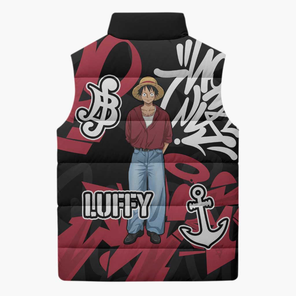 Monkey D. Luffy One Piece Sleeveless Puffer Jacket Graffiti Street Art Anime Collage
