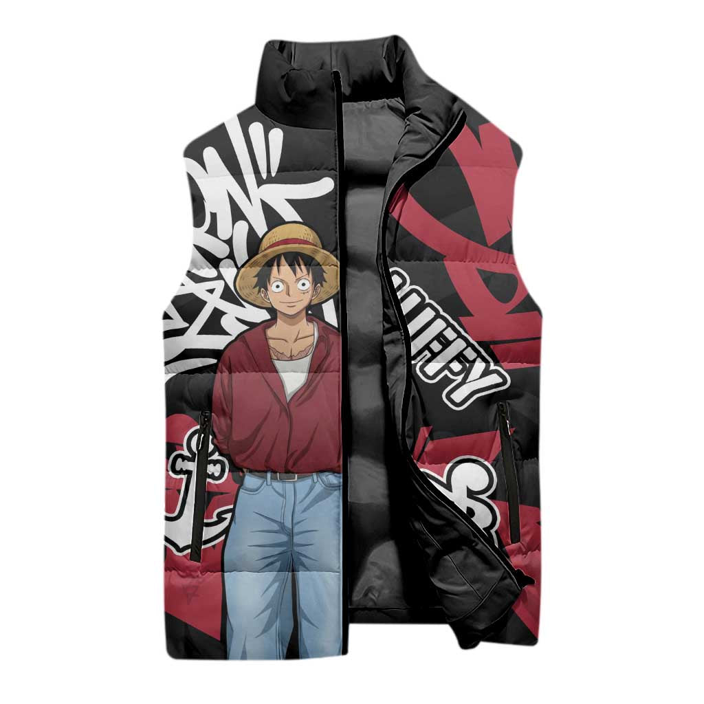 Monkey D. Luffy One Piece Sleeveless Puffer Jacket Graffiti Street Art Anime Collage