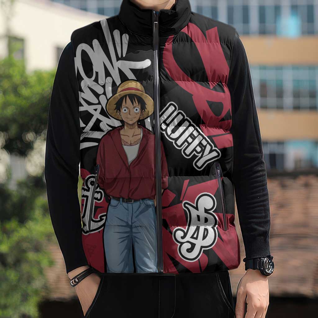 Monkey D. Luffy One Piece Sleeveless Puffer Jacket Graffiti Street Art Anime Collage