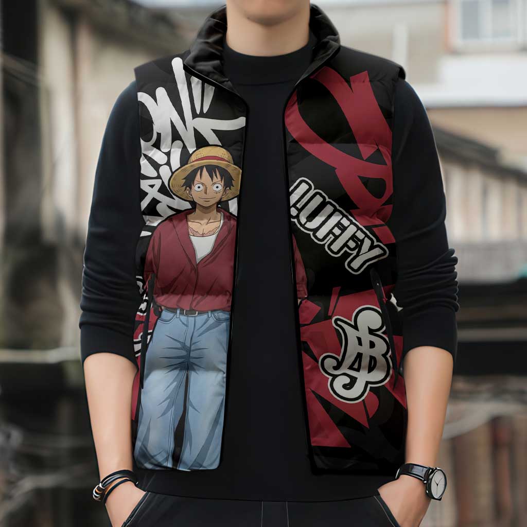 Monkey D. Luffy One Piece Sleeveless Puffer Jacket Graffiti Street Art Anime Collage