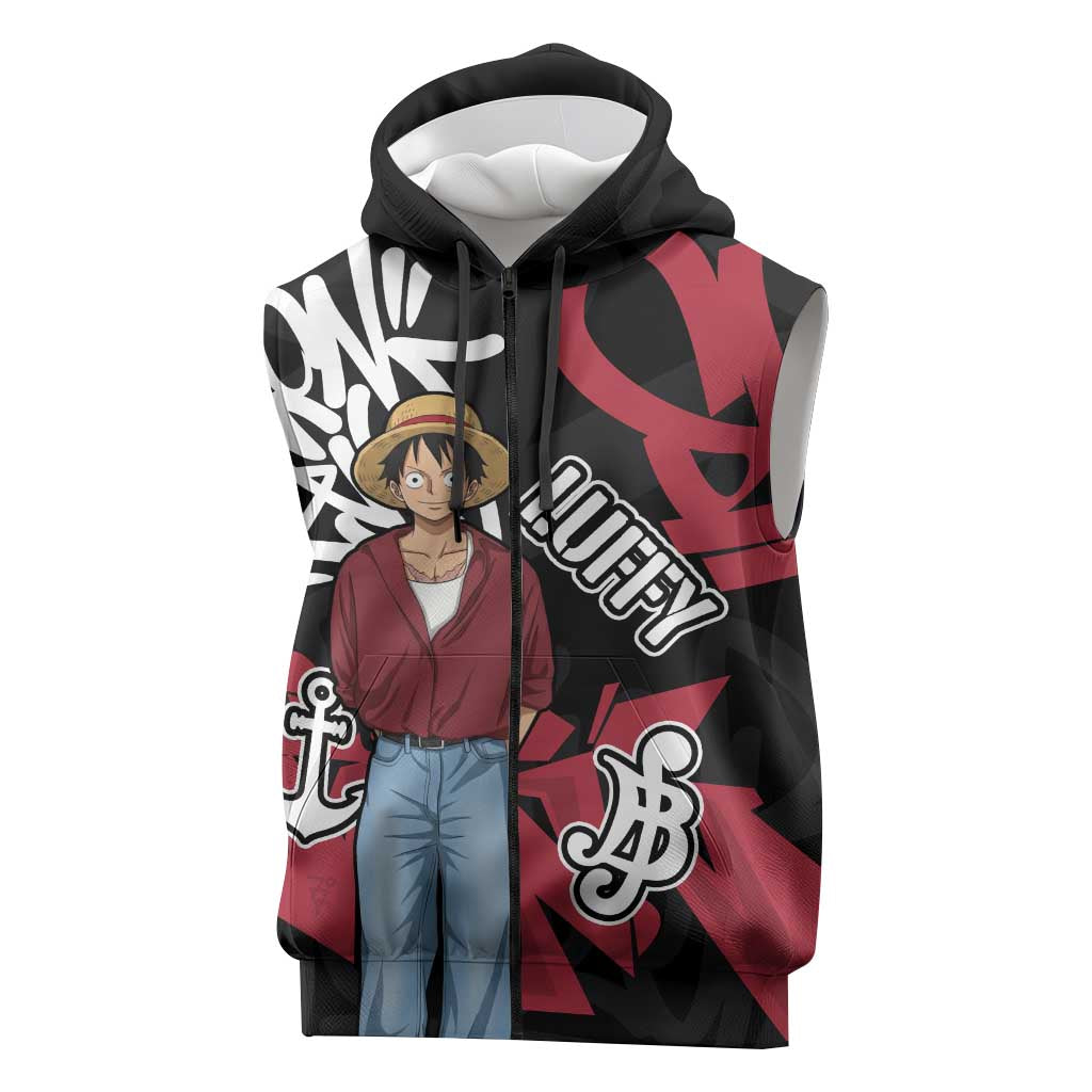 Monkey D. Luffy One Piece Sleeveless Zip Hoodie Graffiti Street Art Anime Collage