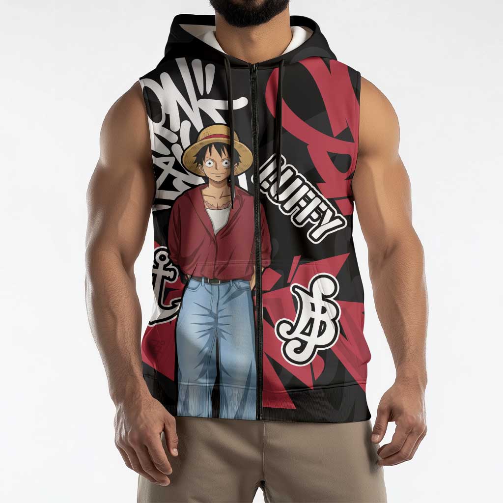 Monkey D. Luffy One Piece Sleeveless Zip Hoodie Graffiti Street Art Anime Collage