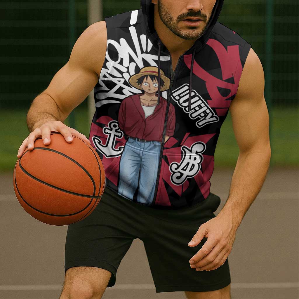 Monkey D. Luffy One Piece Sleeveless Zip Hoodie Graffiti Street Art Anime Collage