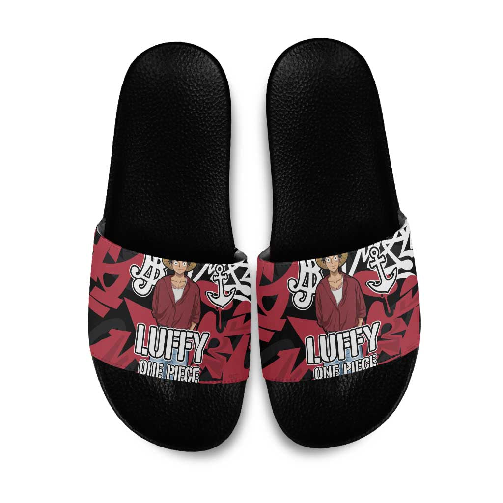 Monkey D. Luffy One Piece Slide Sandals Graffiti Street Art Anime Collage