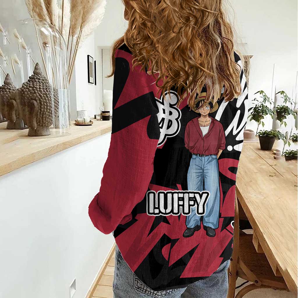 Monkey D. Luffy One Piece Women Casual Shirt Graffiti Street Art Anime Collage
