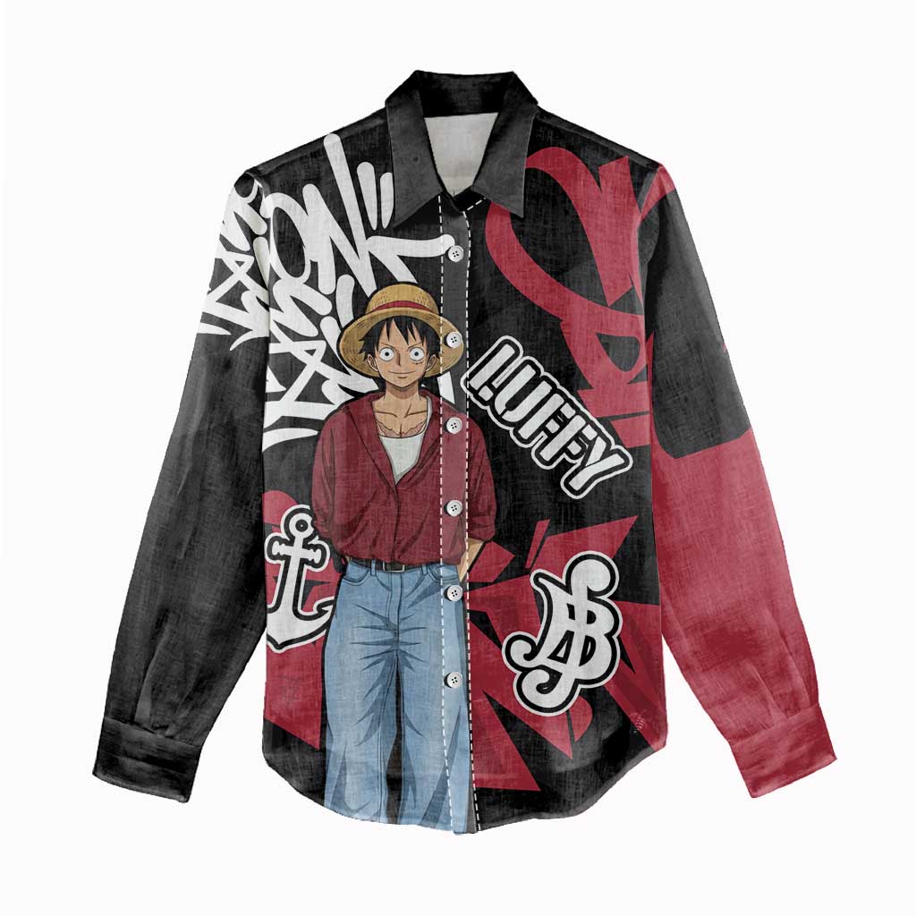 Monkey D. Luffy One Piece Women Casual Shirt Graffiti Street Art Anime Collage
