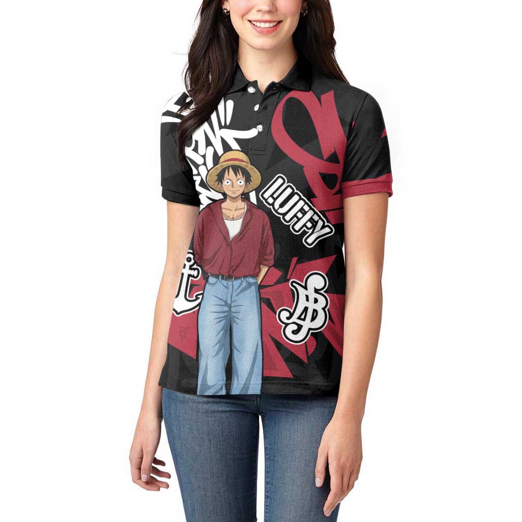 Monkey D. Luffy One Piece Women Polo Shirt Graffiti Street Art Anime Collage