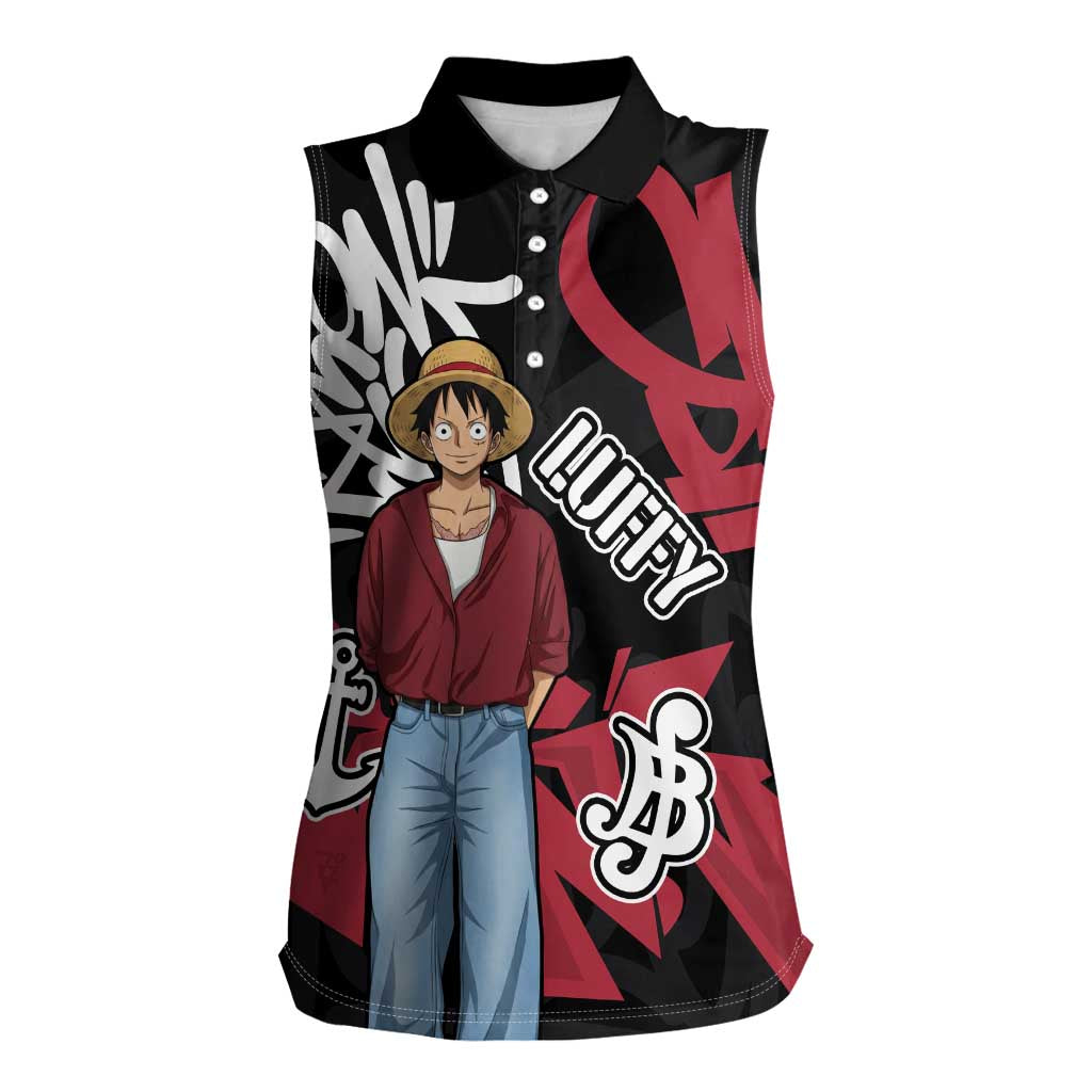 Monkey D. Luffy One Piece Women Sleeveless Polo Shirt Graffiti Street Art Anime Collage