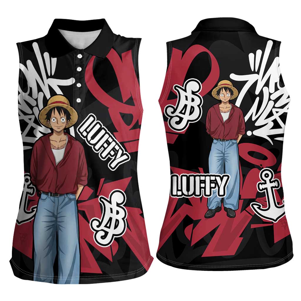 Monkey D. Luffy One Piece Women Sleeveless Polo Shirt Graffiti Street Art Anime Collage