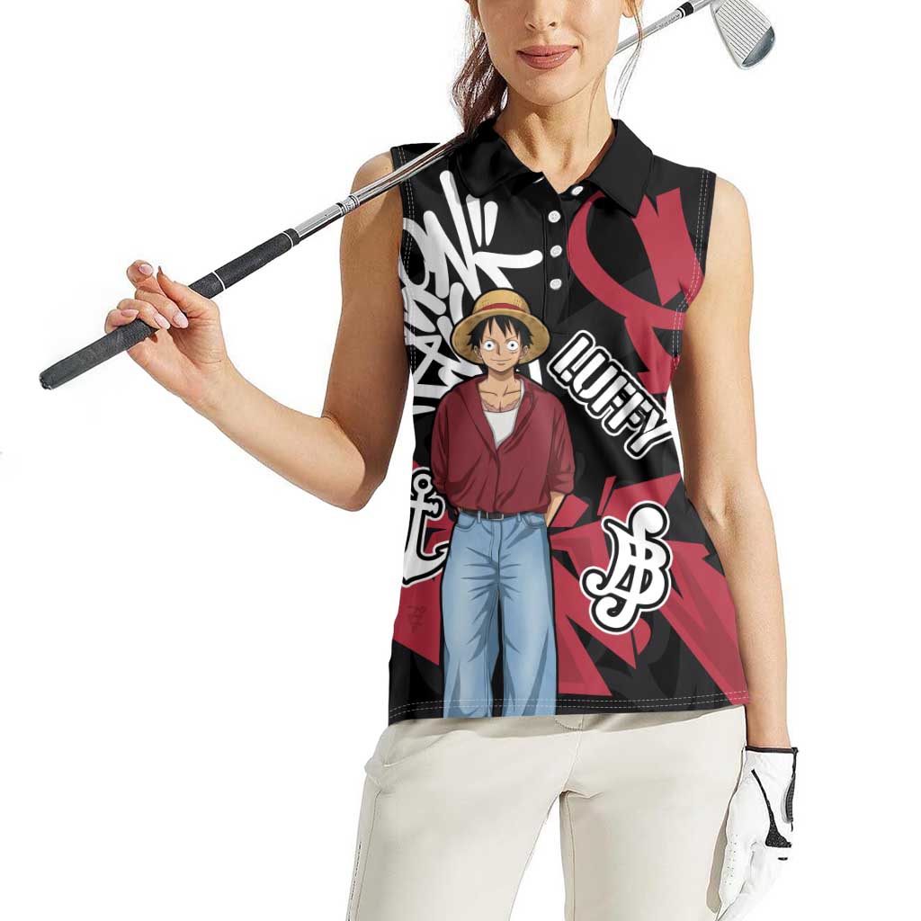 Monkey D. Luffy One Piece Women Sleeveless Polo Shirt Graffiti Street Art Anime Collage