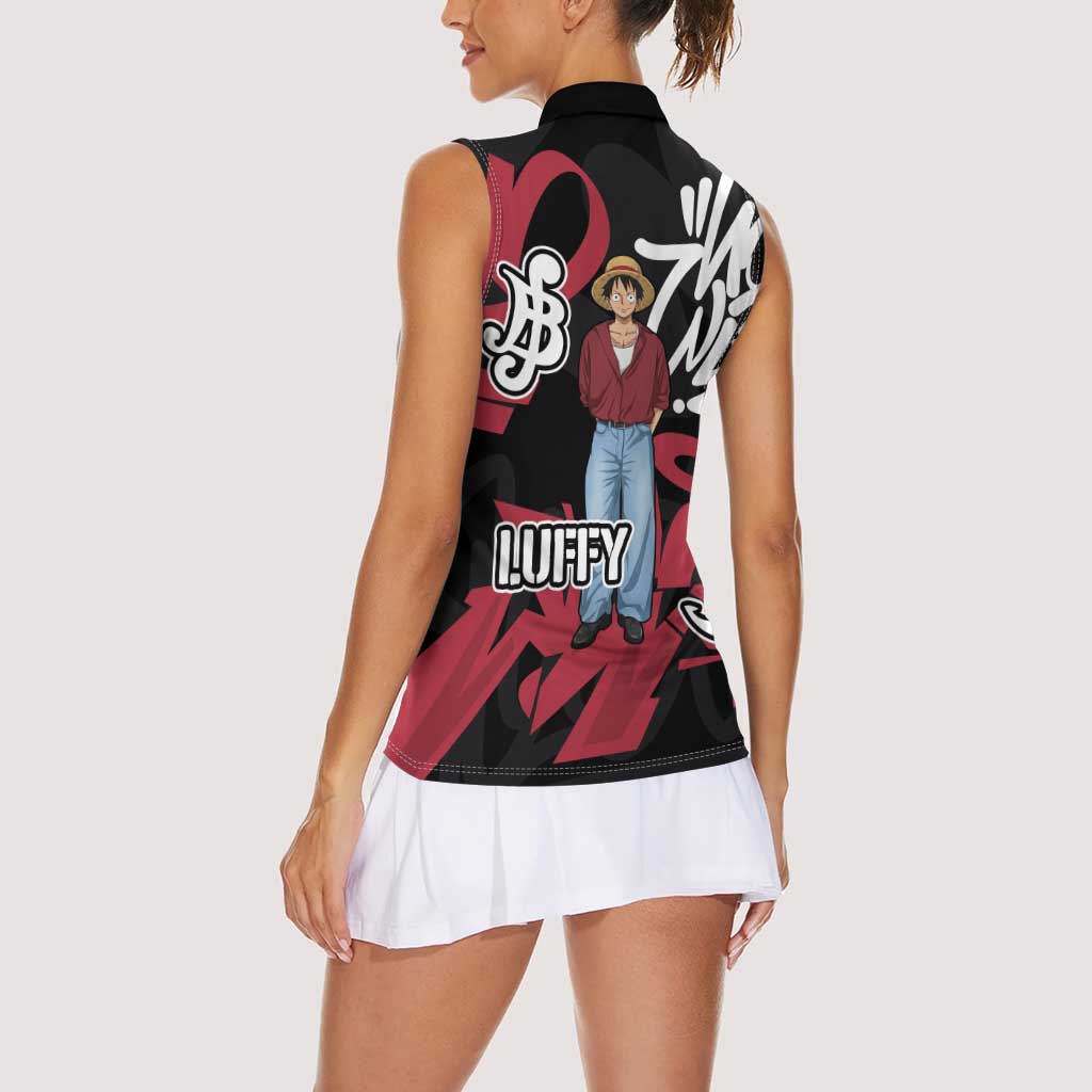 Monkey D. Luffy One Piece Women Sleeveless Polo Shirt Graffiti Street Art Anime Collage