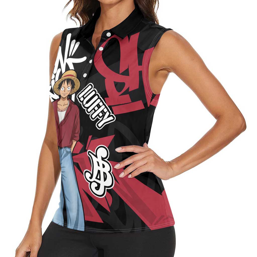 Monkey D. Luffy One Piece Women Sleeveless Polo Shirt Graffiti Street Art Anime Collage