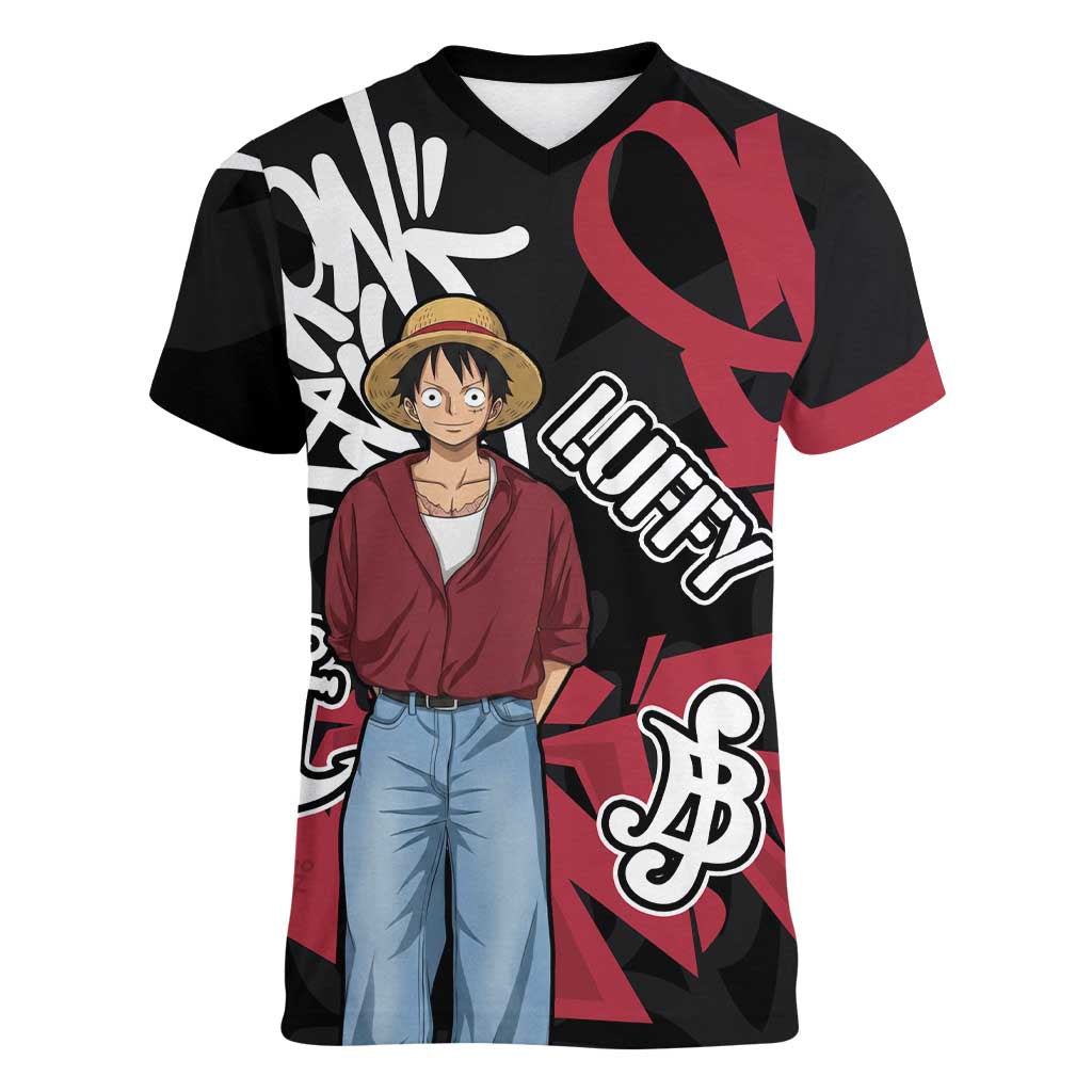 Monkey D. Luffy One Piece Women V-Neck T-Shirt Graffiti Street Art Anime Collage