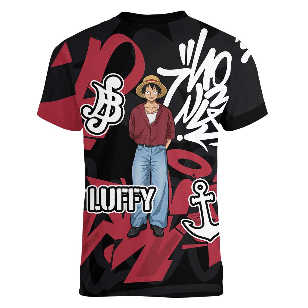 Monkey D. Luffy One Piece Women V-Neck T-Shirt Graffiti Street Art Anime Collage