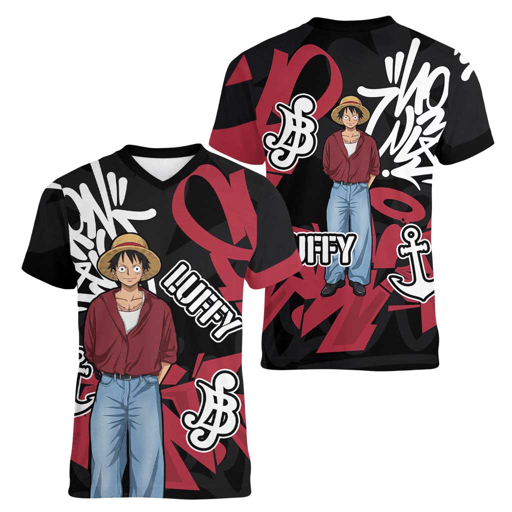 Monkey D. Luffy One Piece Women V-Neck T-Shirt Graffiti Street Art Anime Collage