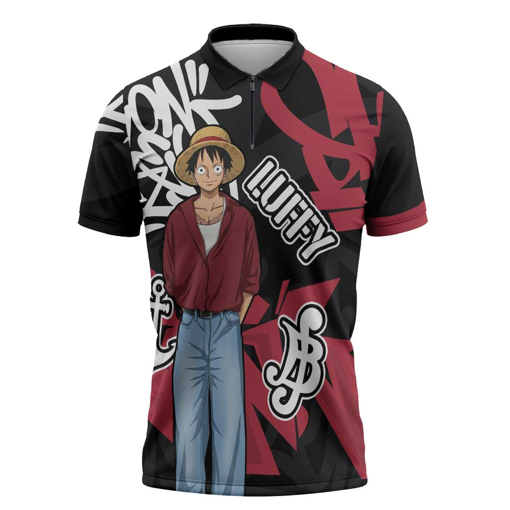 Monkey D. Luffy One Piece Zipper Polo Shirt Graffiti Street Art Anime Collage