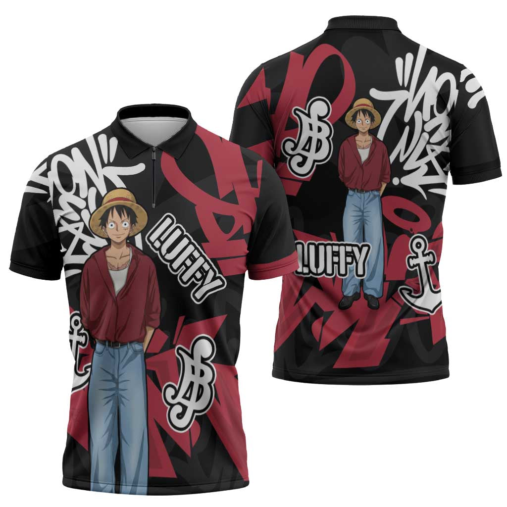 Monkey D. Luffy One Piece Zipper Polo Shirt Graffiti Street Art Anime Collage