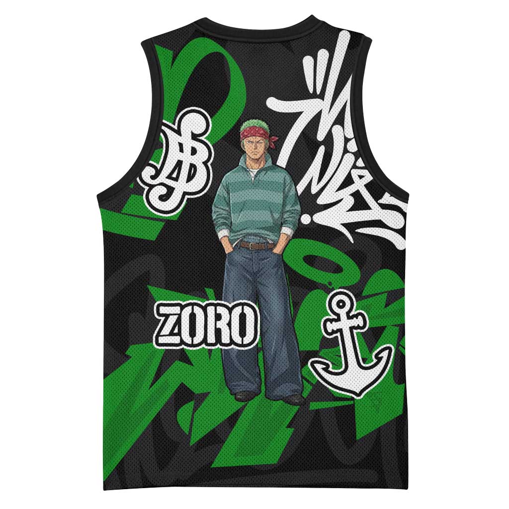 Roronoa Zoro One Piece Basketball Jersey Graffiti Street Art Anime Collage
