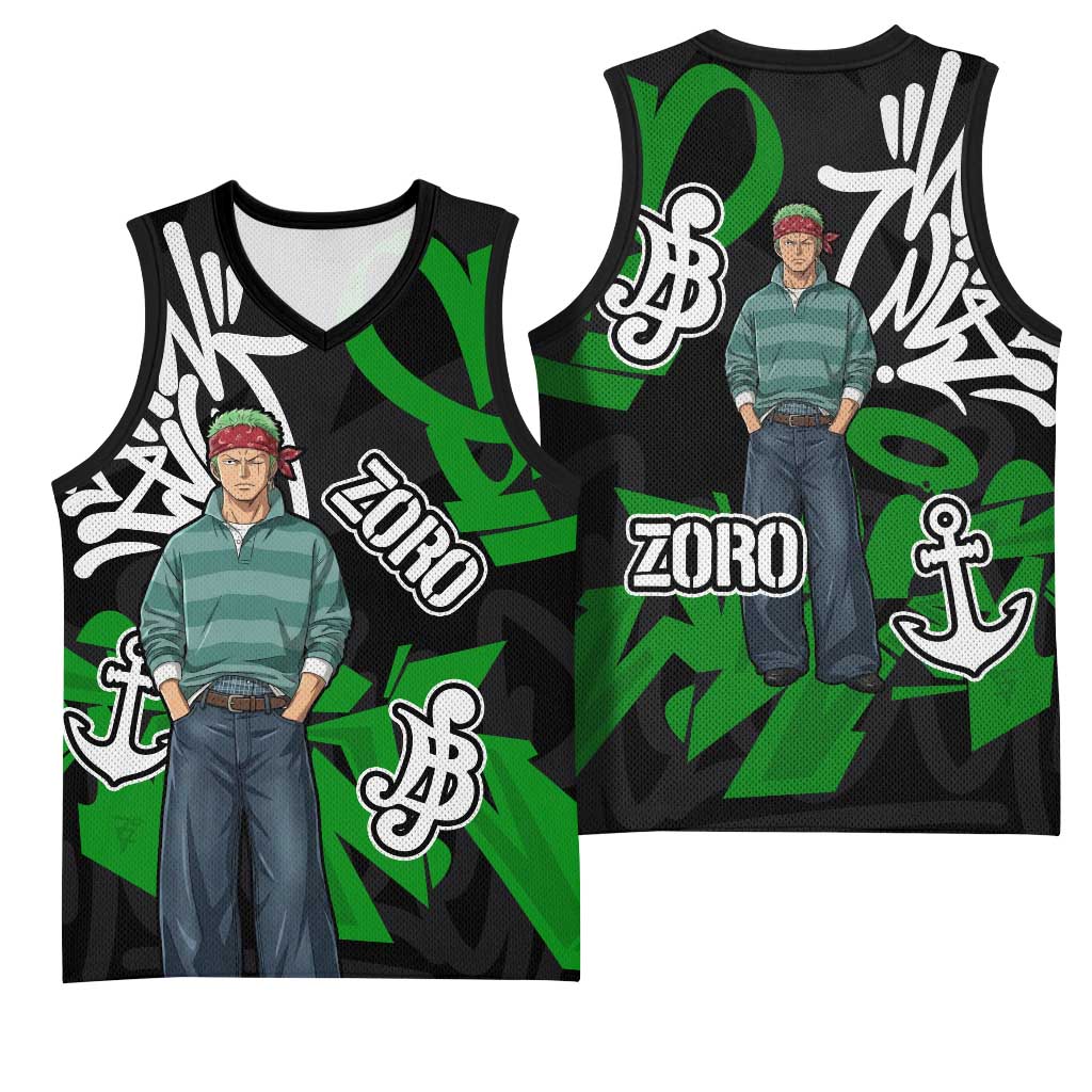 Roronoa Zoro One Piece Basketball Jersey Graffiti Street Art Anime Collage