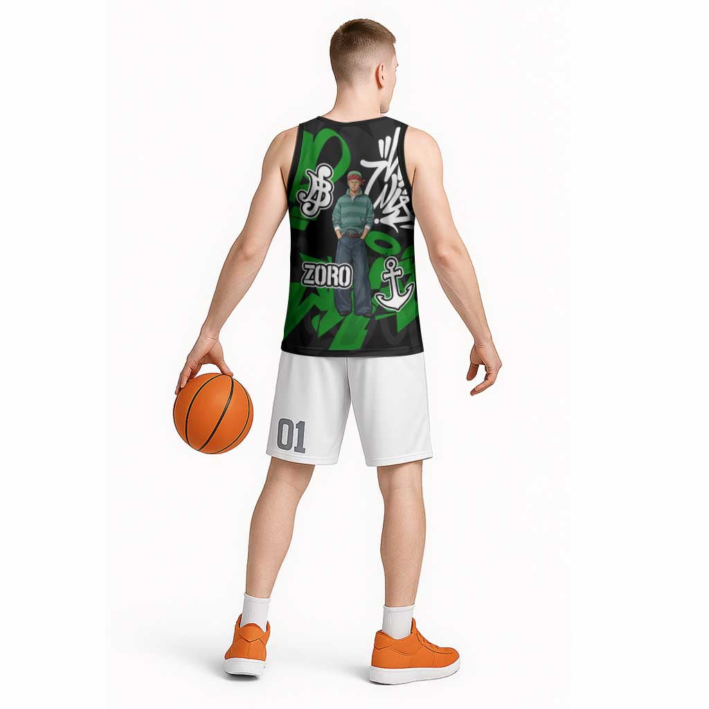Roronoa Zoro One Piece Basketball Jersey Graffiti Street Art Anime Collage