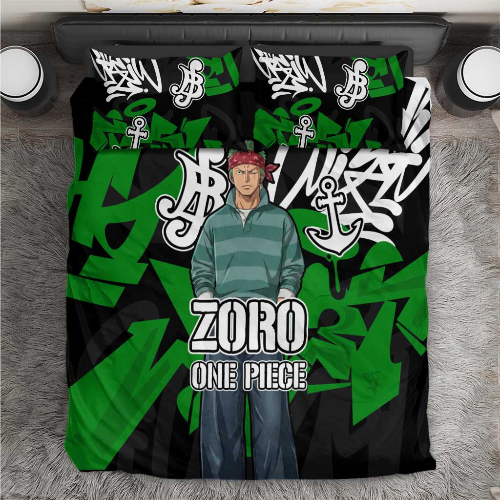 Roronoa Zoro One Piece Bedding Set Graffiti Street Art Anime Collage