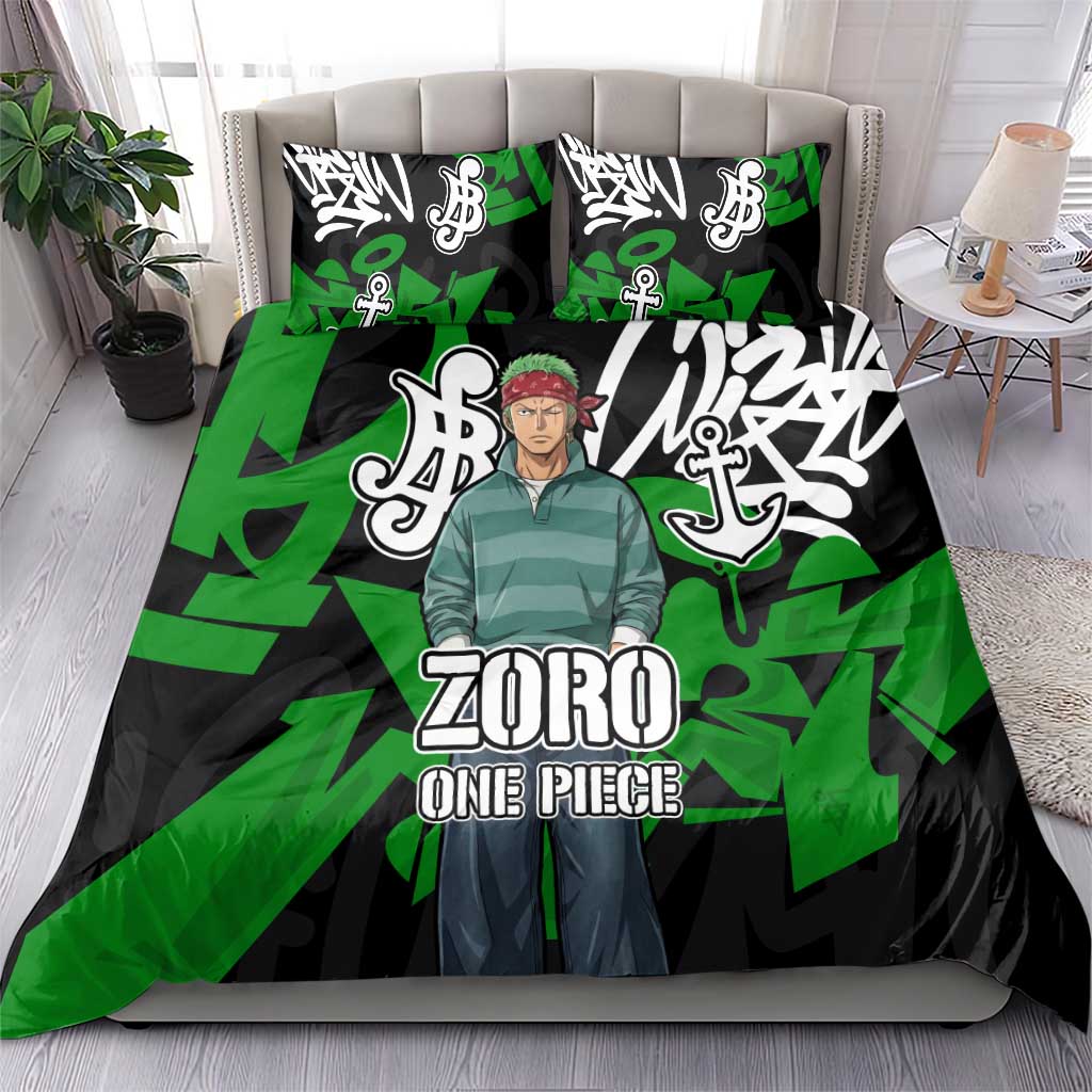 Roronoa Zoro One Piece Bedding Set Graffiti Street Art Anime Collage