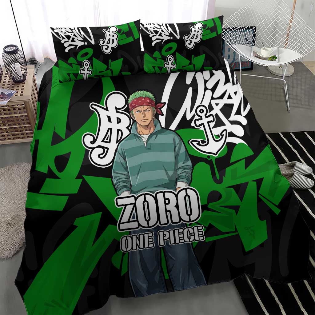 Roronoa Zoro One Piece Bedding Set Graffiti Street Art Anime Collage