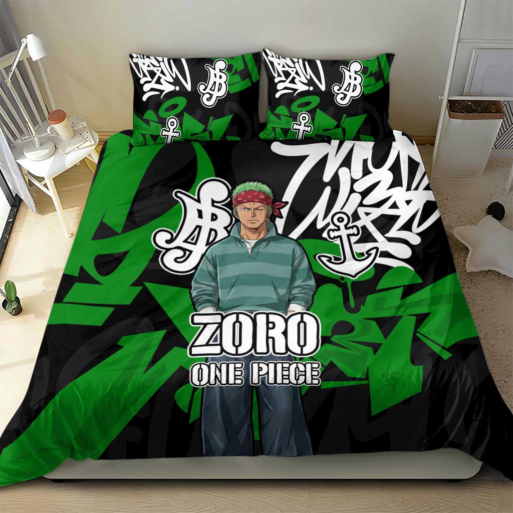 Roronoa Zoro One Piece Bedding Set Graffiti Street Art Anime Collage